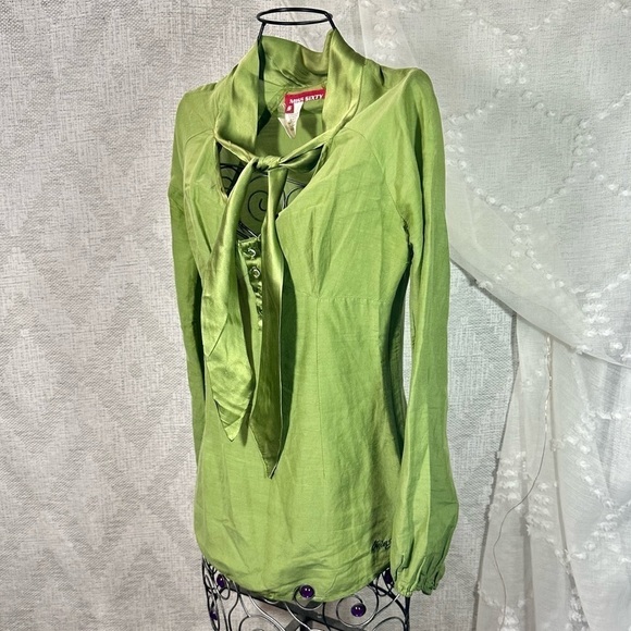 Y2K Miss Sixty green long sleeve bow blouse with silk collar size S - Picture 8 of 10